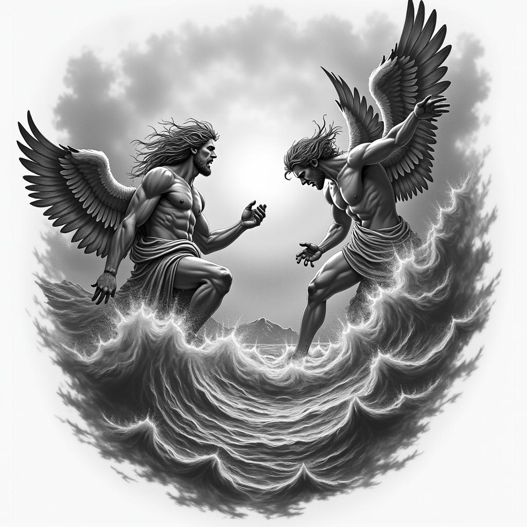 A powerful tattoo depicting a dynamic battle scene inspired by Greek mythology, showcasing the gods Zeus, Athena, Ares, Hermes, and Poseidon in conflict with angels. Elements of struggle, triumph, sadness, and anger are portrayed, with stormy skies, ocean waves, and mountainous landscapes intensifying the emotions. The style is a blend of realistic and abstract, capturing the raw energy of the fight and the contrasting feelings of victory and despair.higly detailed tattoo - Variation 2