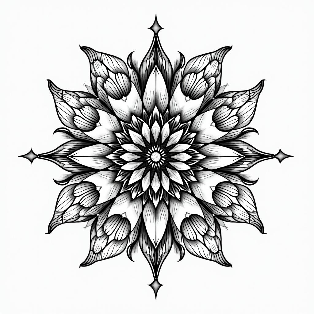 Tatuaggio che possa ricordare mia nonna a cui piacevano le orchideein dotwork style tattoo, complex mandala patterns, interlocking geometric shapes with sharp symmetry, clean lines, sharp angles