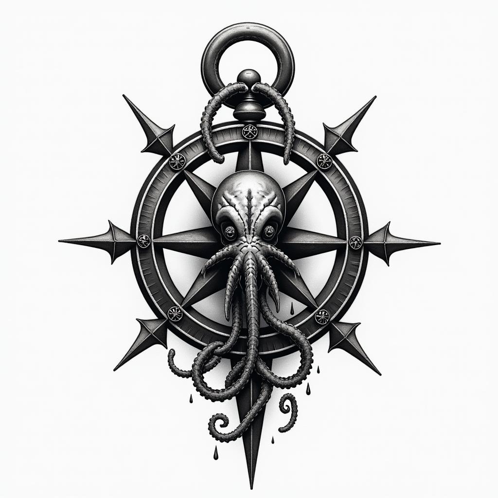 Nautical compass with kraken
higly detailed tattoo - Variation 1