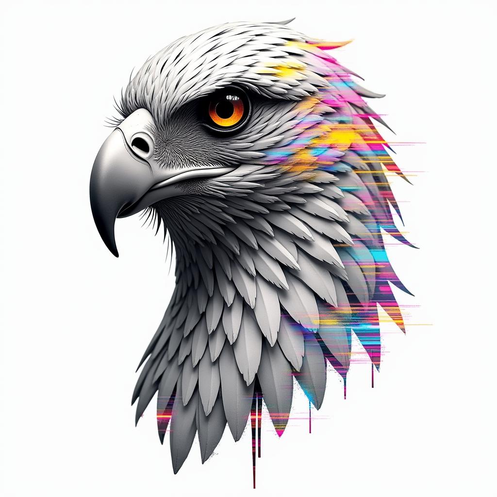 Hawkin distorted and fragmented tattoo design, featuring a classical statue bust, in a glitch art style with vibrant, overlapping colors of cyan, magenta, and yellow, creating a digital distortion effect