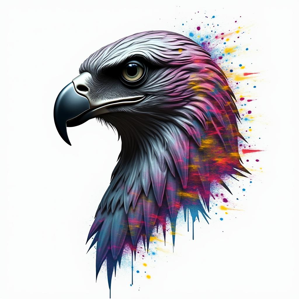 Hawkin distorted and fragmented tattoo design, featuring a classical statue bust, in a glitch art style with vibrant, overlapping colors of cyan, magenta, and yellow, creating a digital distortion effect - Variation 4