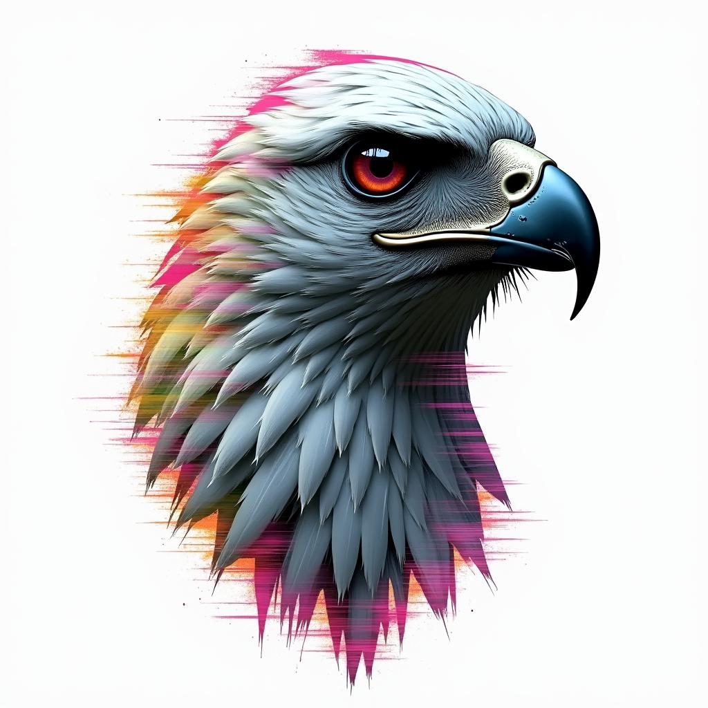 Hawkin distorted and fragmented tattoo design, featuring a classical statue bust, in a glitch art style with vibrant, overlapping colors of cyan, magenta, and yellow, creating a digital distortion effect - Variation 3