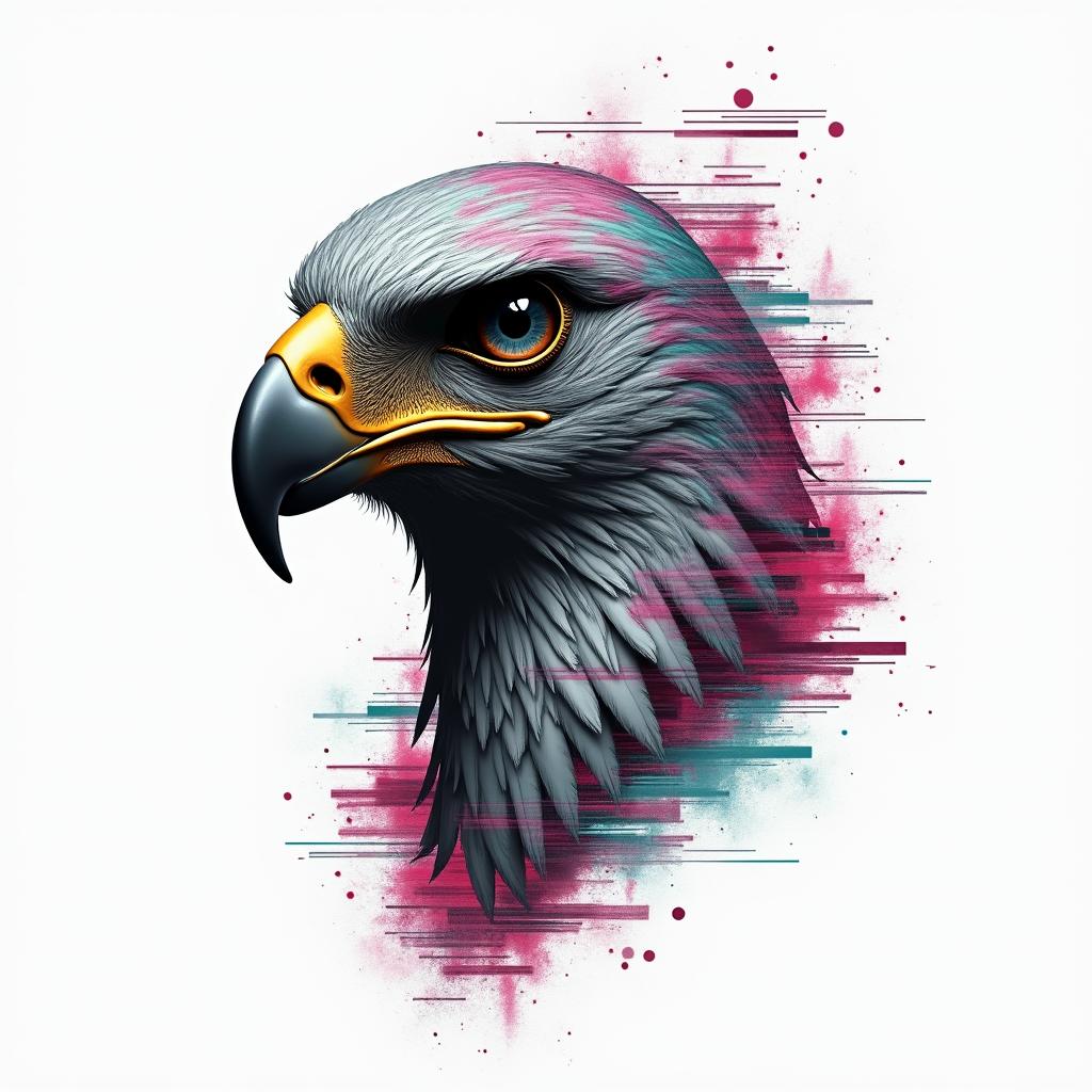 Hawkin distorted and fragmented tattoo design, featuring a classical statue bust, in a glitch art style with vibrant, overlapping colors of cyan, magenta, and yellow, creating a digital distortion effect - Variation 2