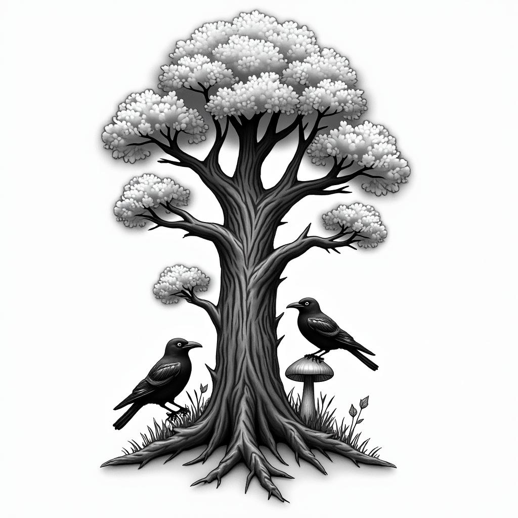 Tree with crows and mushroom in new school tattoo, pop culture, modern, detailed tattoo, illustrative