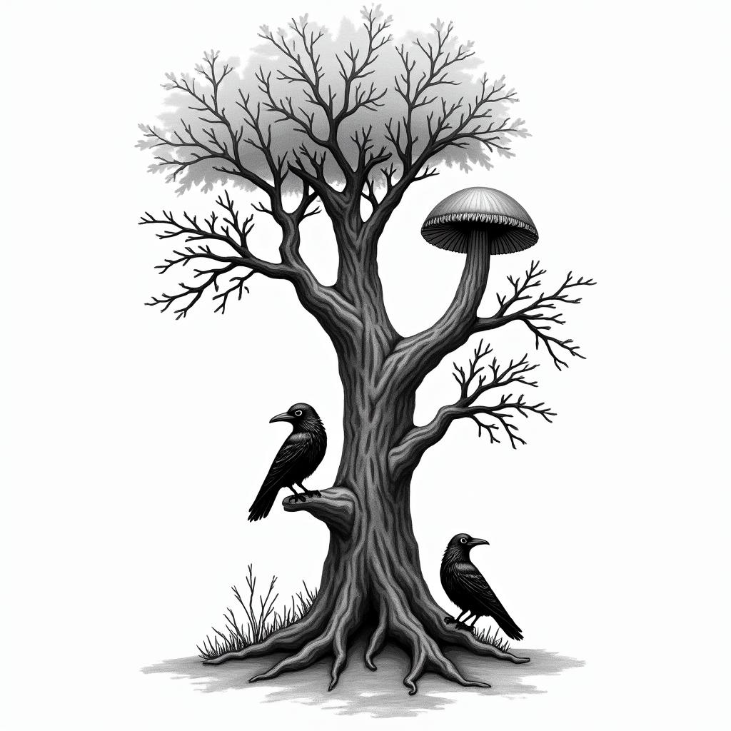 Tree with crows and mushroom in new school tattoo, pop culture, modern, detailed tattoo, illustrative - Variation 2