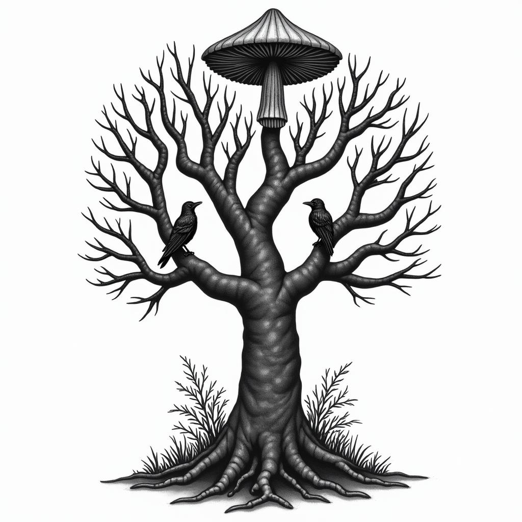 Tree with crows and mushroom in new school tattoo, pop culture, modern, detailed tattoo, illustrative - Variation 4