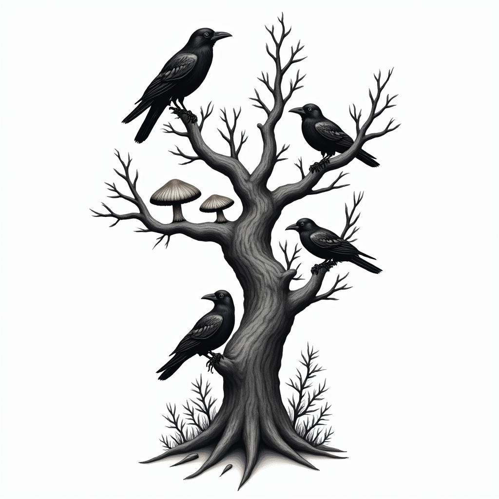 Tree with crows and mushroom in new school tattoo, pop culture, modern, detailed tattoo, illustrative - Variation 3