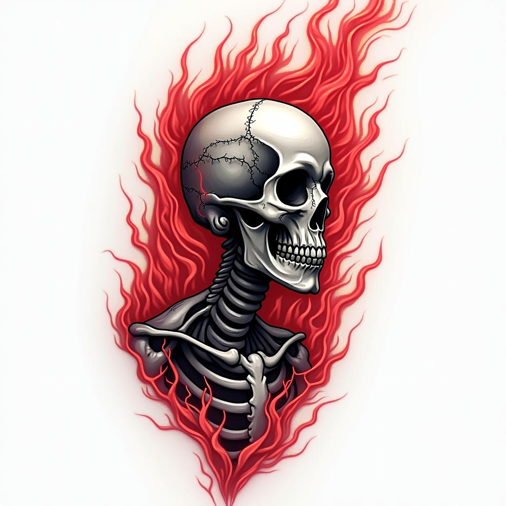 Flaming red black skeletonhigly detailed tattoo