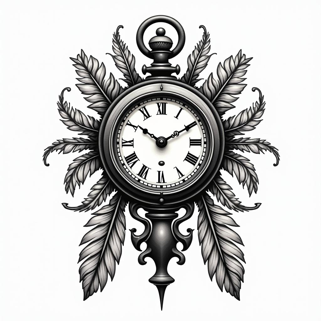 Clock, pheasant feather, horse shoes, colorin authentic tattoo style, incorporating traditional modifications, bold black outlines, solid color fills, featuring classic authentic elements - Variation 4