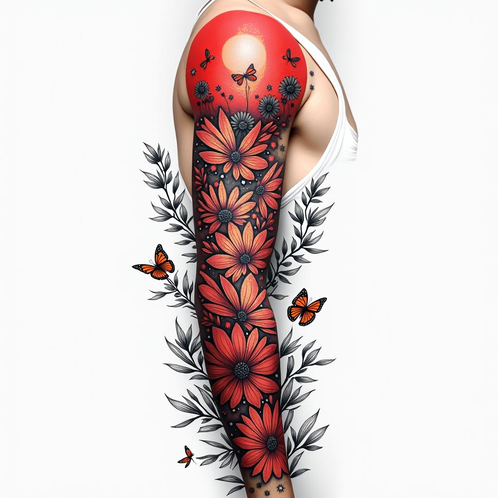 Red and black ink sleeve with butterflies sun and plantshigly detailed tattoo