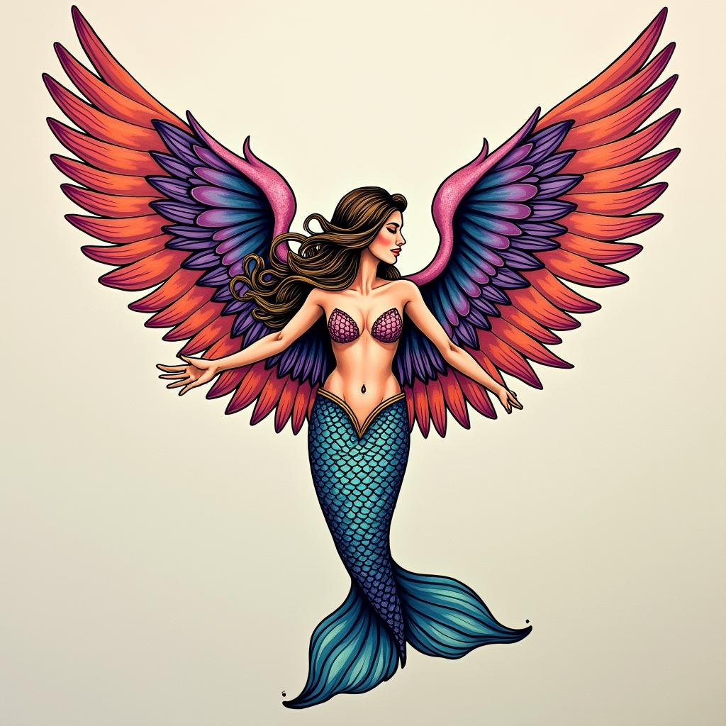 Angel wings on a mermaid disco stylein new school tattoo, pop culture, modern, detailed tattoo, illustrative - Variation 4