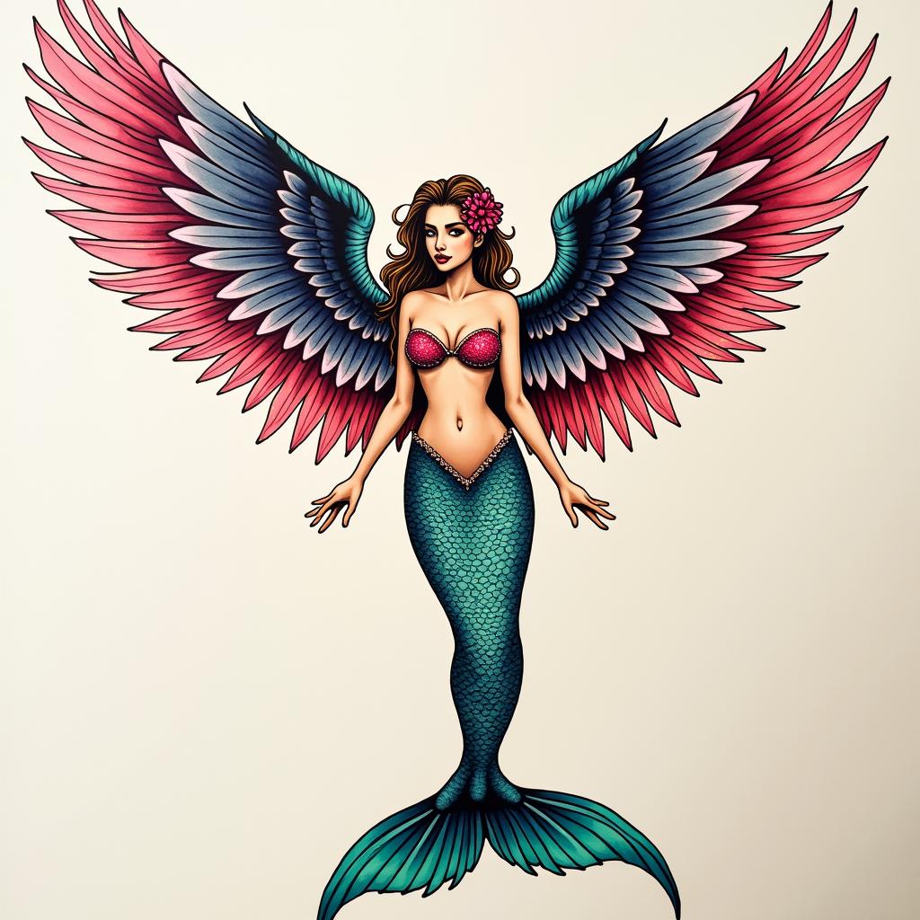 Angel wings on a mermaid disco stylein new school tattoo, pop culture, modern, detailed tattoo, illustrative