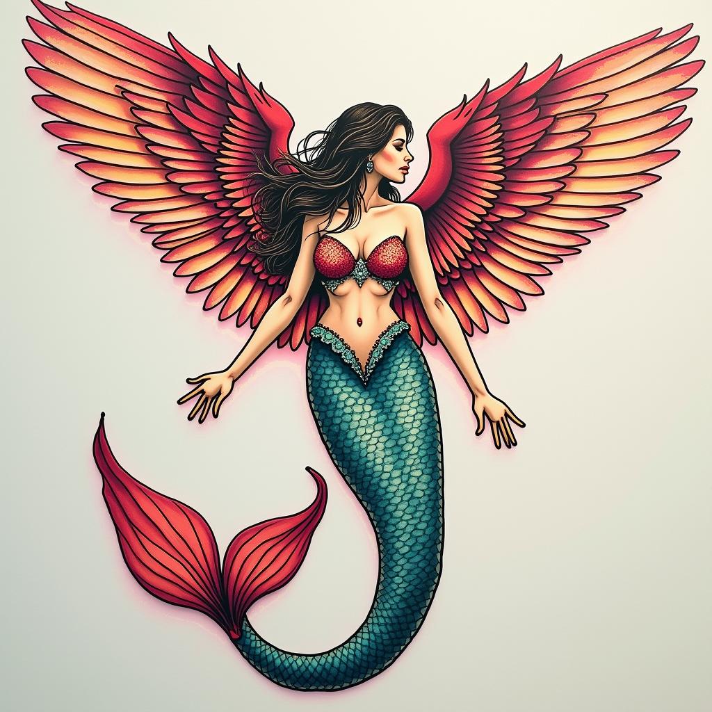Angel wings on a mermaid disco stylein new school tattoo, pop culture, modern, detailed tattoo, illustrative - Variation 3
