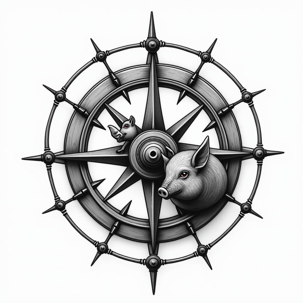 Nautical compass with pig and chicken
higly detailed tattoo