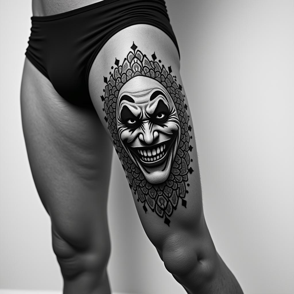 The Joker with a menacing smilein dotwork style tattoo, complex mandala patterns, interlocking geometric shapes with sharp symmetry, clean lines, sharp angles - Variation 3