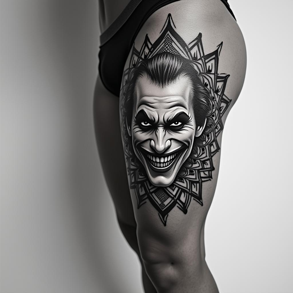 The Joker with a menacing smilein dotwork style tattoo, complex mandala patterns, interlocking geometric shapes with sharp symmetry, clean lines, sharp angles - Variation 2