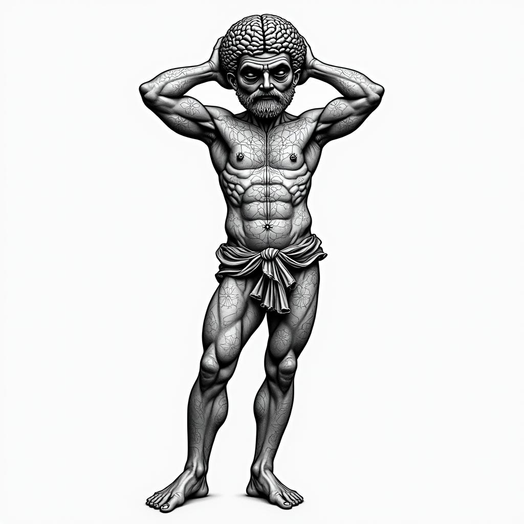 Greek god
Atlas holding brain up in geometric style tattoo, blending hexagons, mandala-inspired patterns, symmetrical and fractal design, clean lines, sharp angles - Variation 7