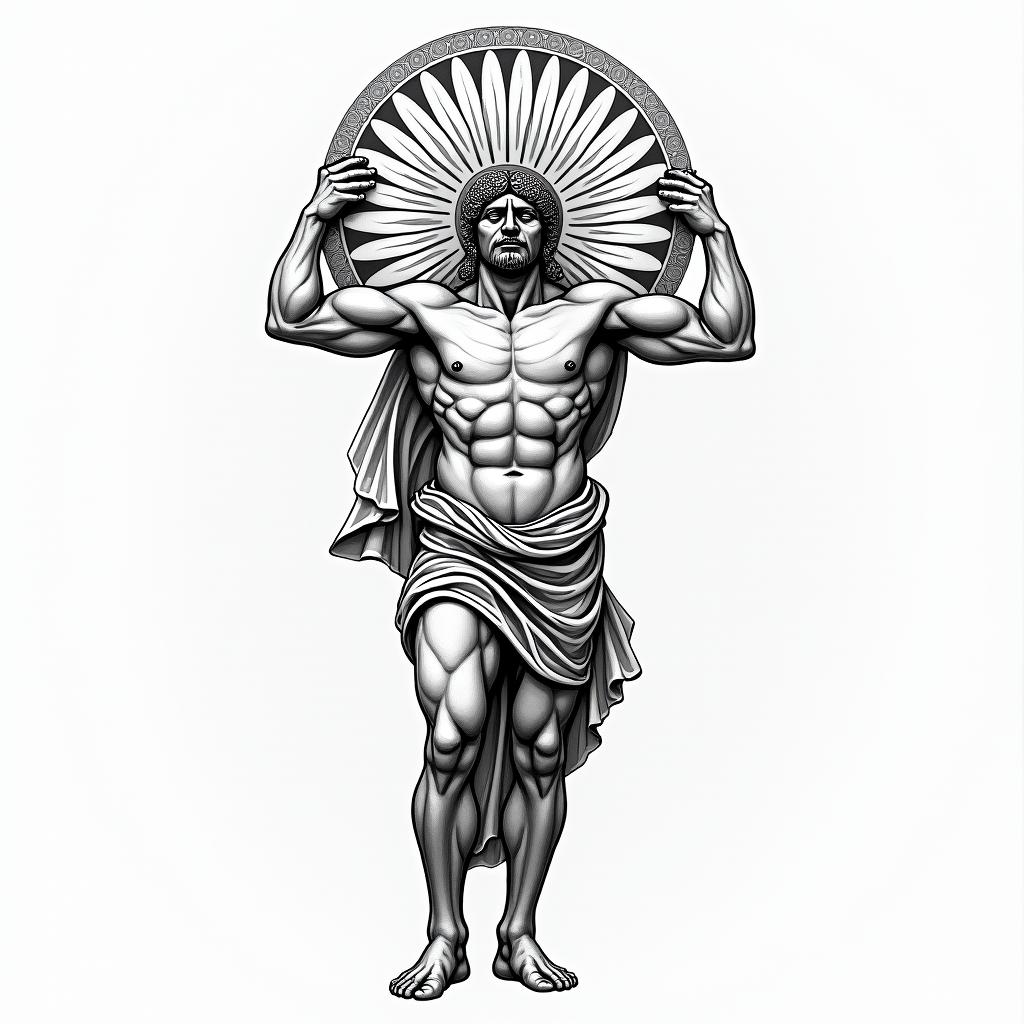 Greek god
Atlas holding brain up in geometric style tattoo, blending hexagons, mandala-inspired patterns, symmetrical and fractal design, clean lines, sharp angles - Variation 8