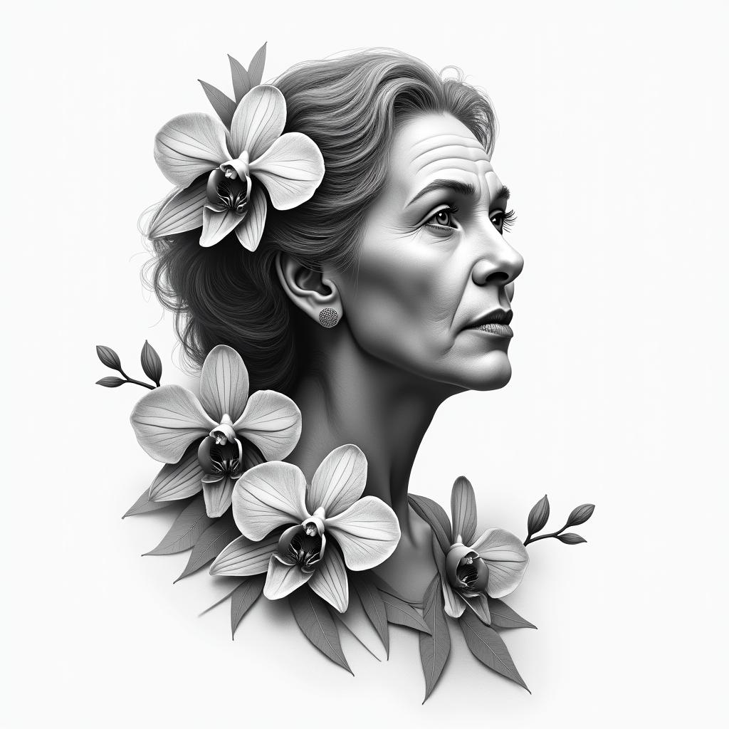 Tatuaggio che possa ricordare mia nonna a cui piacevano le orchideein portrait tattoo style, featuring a highly realistic and detailed depiction 