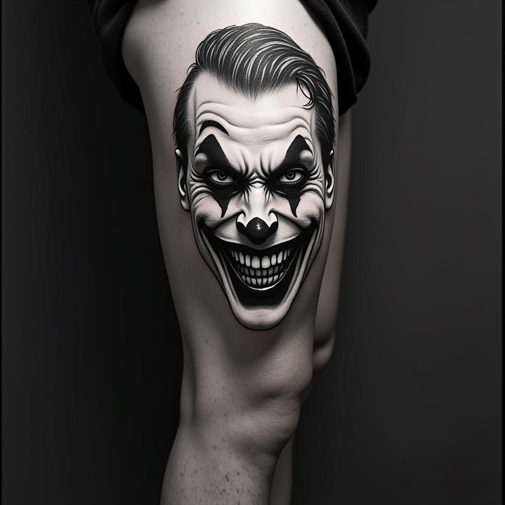 The Joker with a menacing smiletext-based tattoo, gothic font ultra-realistic, perfectly placed, high-quality font design, photo-realistic shading, 8k, high quality, finely detailed typography - Variation 4