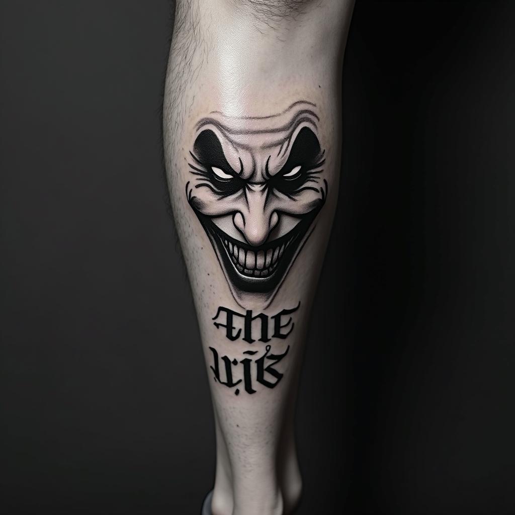 The Joker with a menacing smiletext-based tattoo, gothic font ultra-realistic, perfectly placed, high-quality font design, photo-realistic shading, 8k, high quality, finely detailed typography