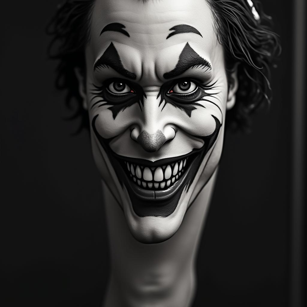 The Joker with a menacing smiletext-based tattoo, gothic font ultra-realistic, perfectly placed, high-quality font design, photo-realistic shading, 8k, high quality, finely detailed typography - Variation 2