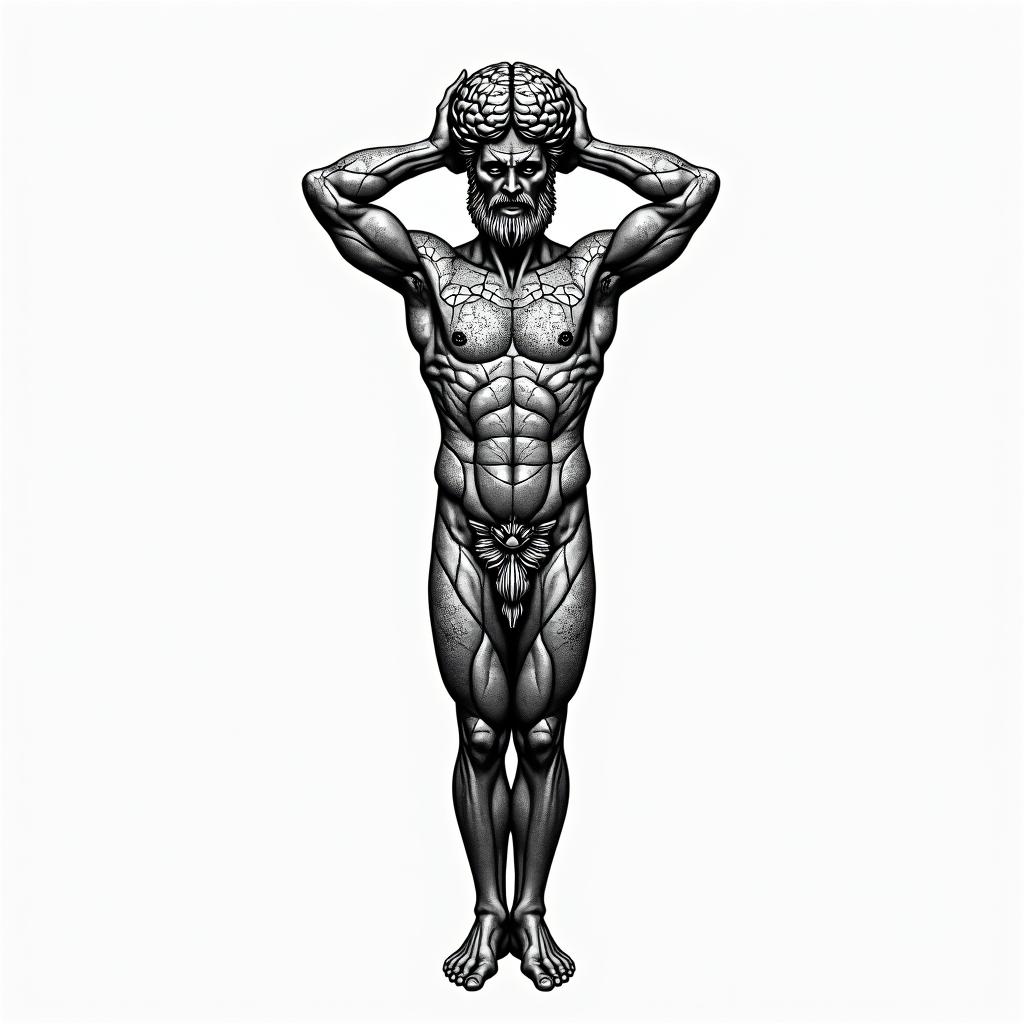 Greek god
Atlas holding brain up in geometric style tattoo, blending hexagons, mandala-inspired patterns, symmetrical and fractal design, clean lines, sharp angles