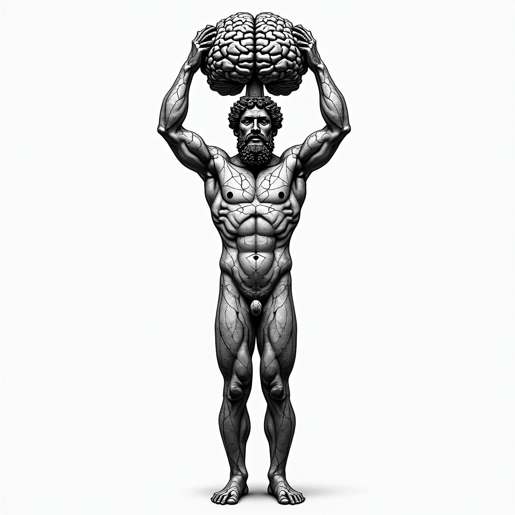Greek god
Atlas holding brain up in geometric style tattoo, blending hexagons, mandala-inspired patterns, symmetrical and fractal design, clean lines, sharp angles - Variation 2