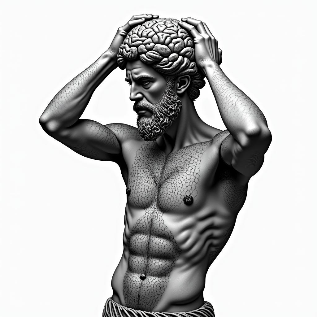 Greek god
Atlas holding brain up in geometric style tattoo, blending hexagons, mandala-inspired patterns, symmetrical and fractal design, clean lines, sharp angles - Variation 4
