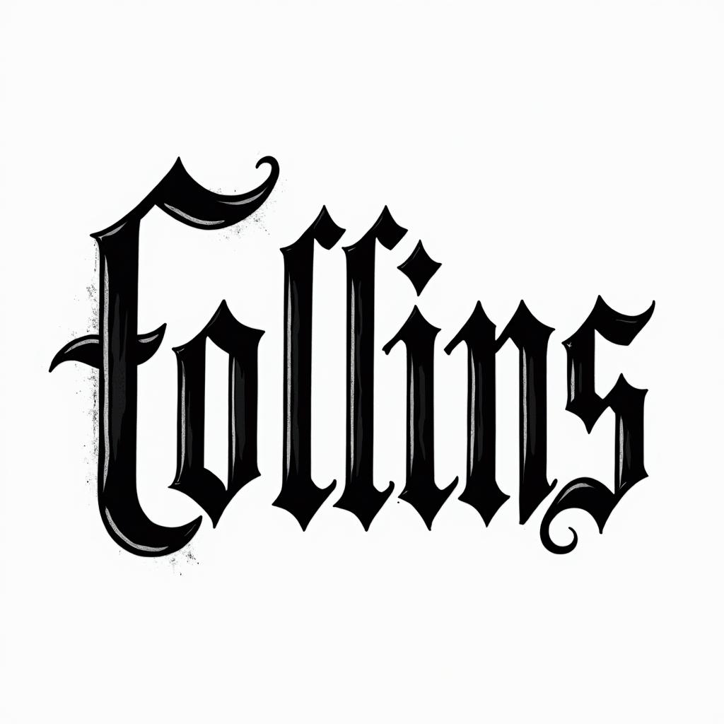 Collins construction companytext-based tattoo, gothic font ultra-realistic, perfectly placed, high-quality font design, photo-realistic shading, 8k, high quality, finely detailed typography