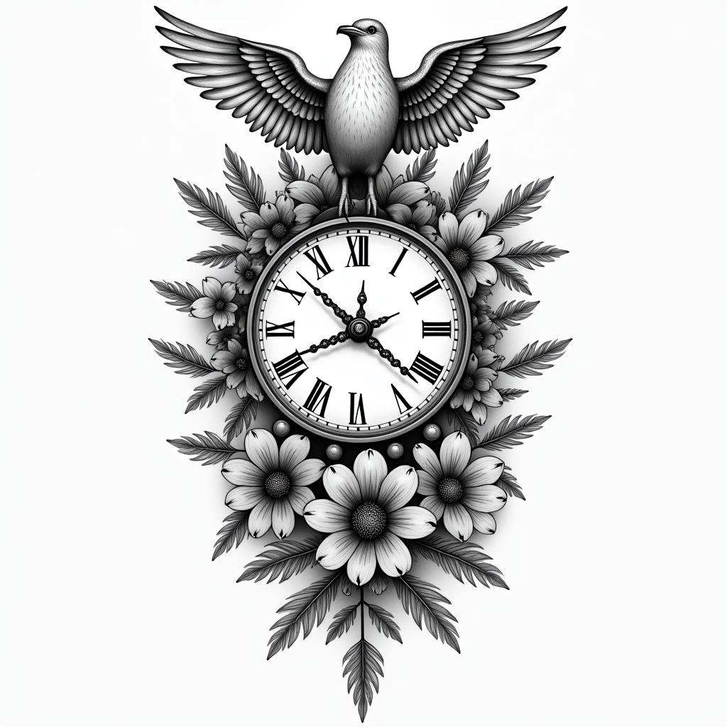 Full sleeve flower compass clock and flying dovehigly detailed tattoo - Variation 4