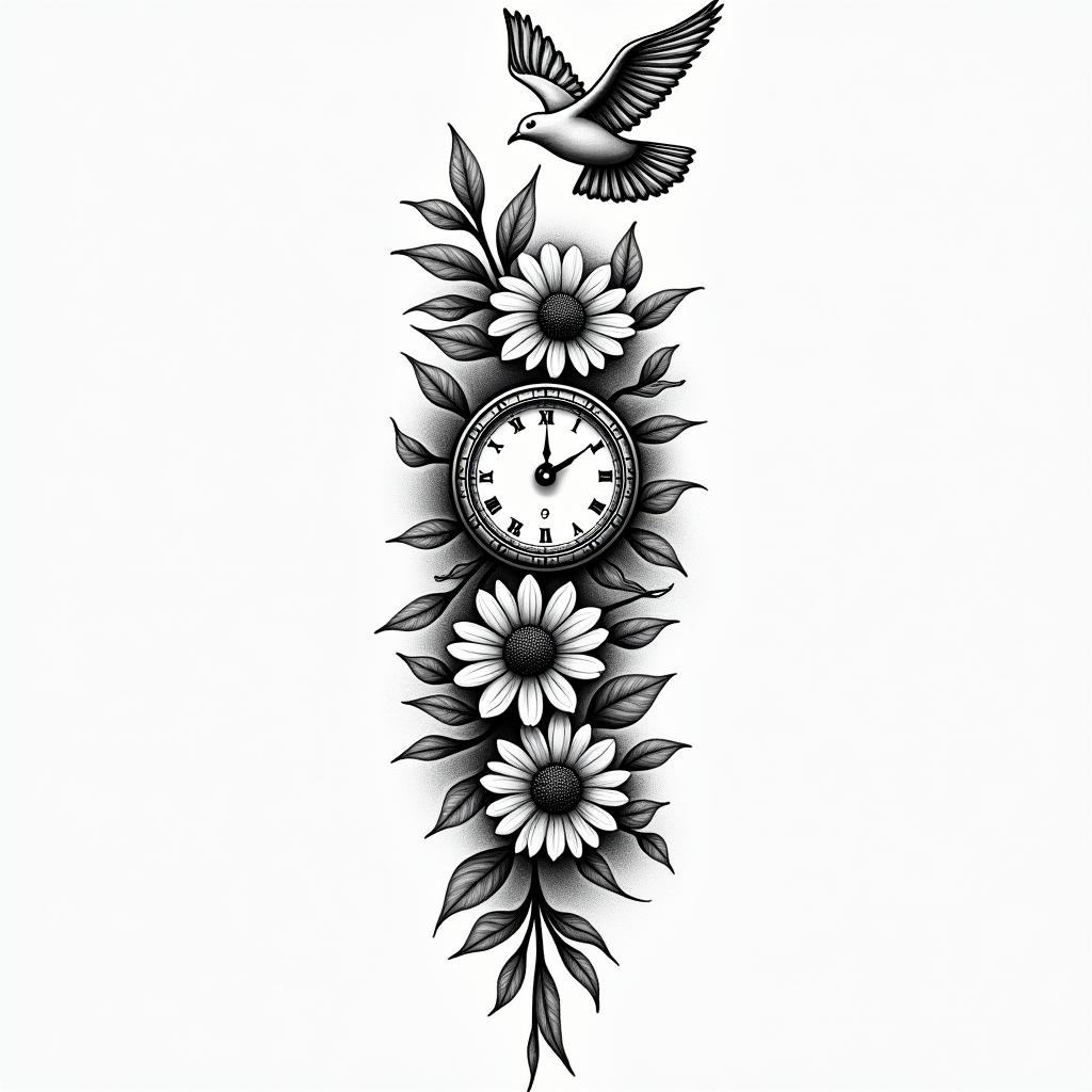 Full sleeve flower compass clock and flying dovehigly detailed tattoo - Variation 1