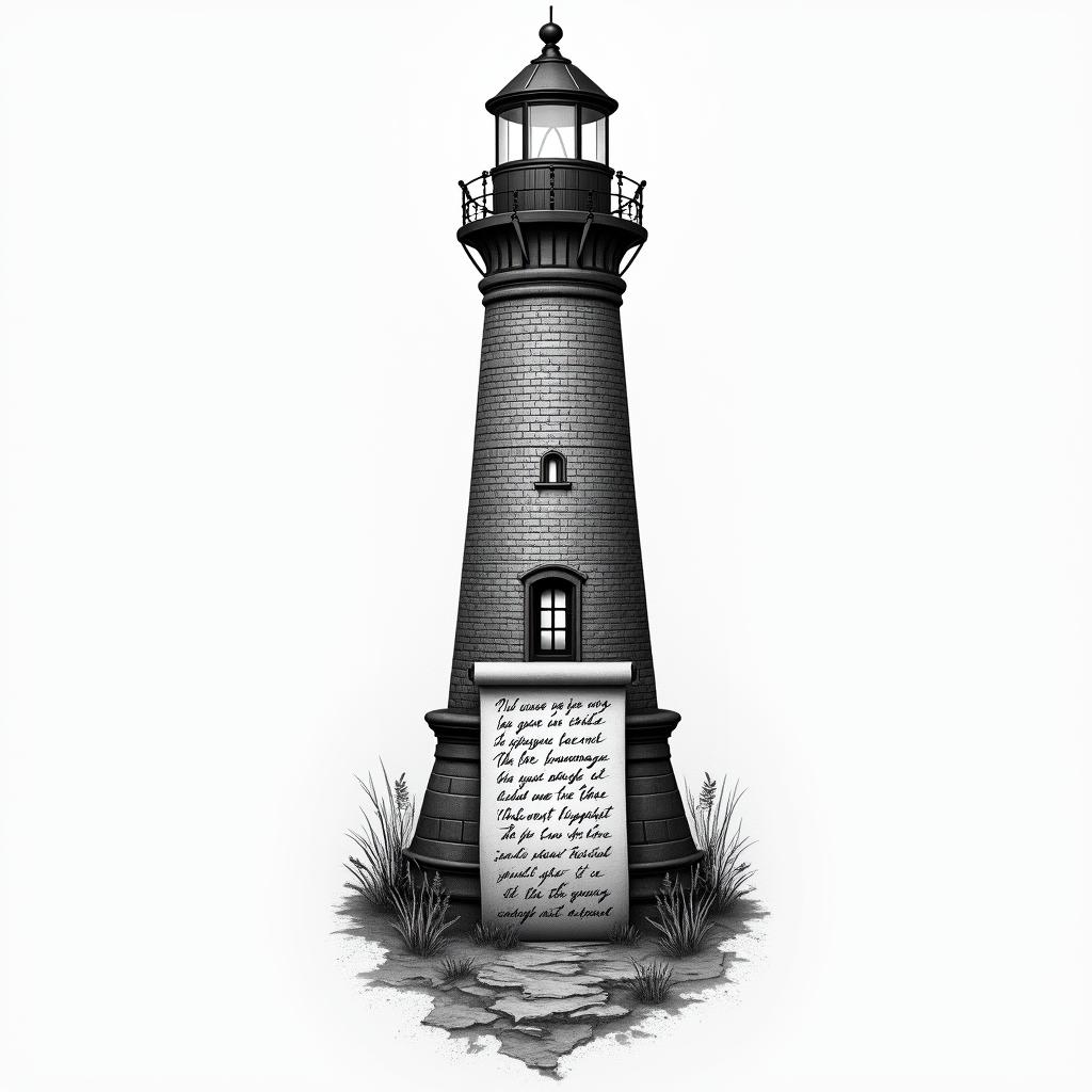 A light house that’s talk and detailed with bricks on it and toward the bottom of the lighthouse a paper, a scroll like paper with scribbles on it and at the “head” or top of the lighthouse house light rays coming from behind ittext-based tattoo, gothic font ultra-realistic, perfectly placed, high-quality font design, photo-realistic shading, 8k, high quality, finely detailed typography