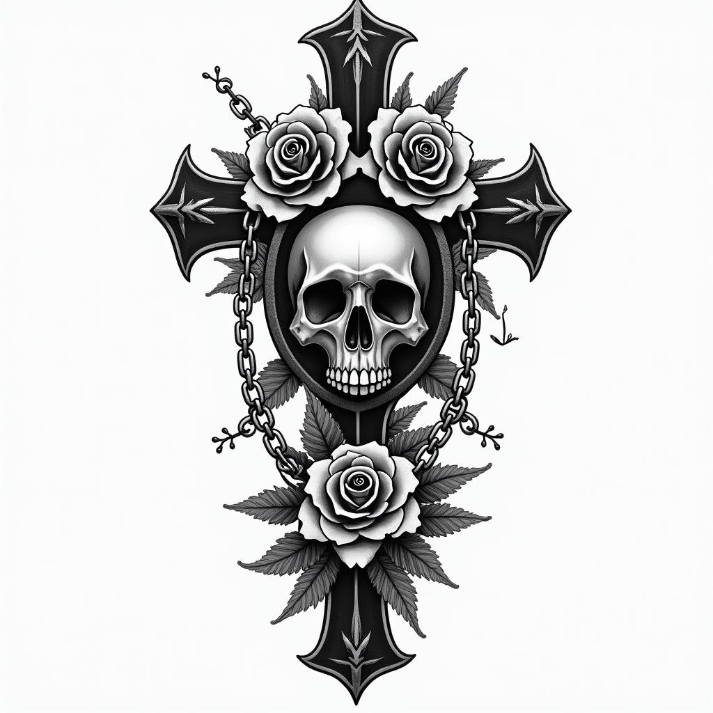 Love me for who I amin chicano style tattoo, featuring intricate black and grey shading, bold elements of traditional chicano culture symbols, add a big cross with skull, chains and roses - Variation 4