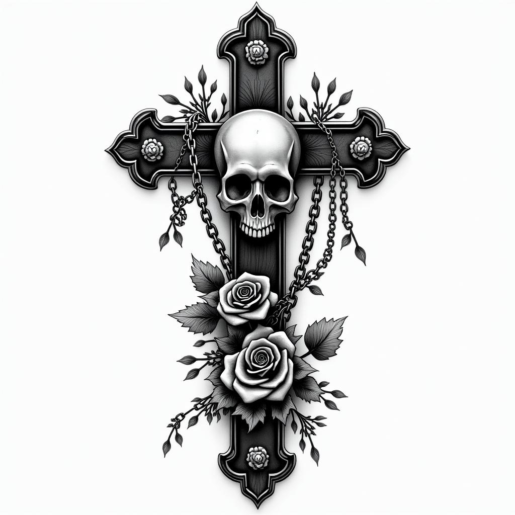 Love me for who I amin chicano style tattoo, featuring intricate black and grey shading, bold elements of traditional chicano culture symbols, add a big cross with skull, chains and roses - Variation 3