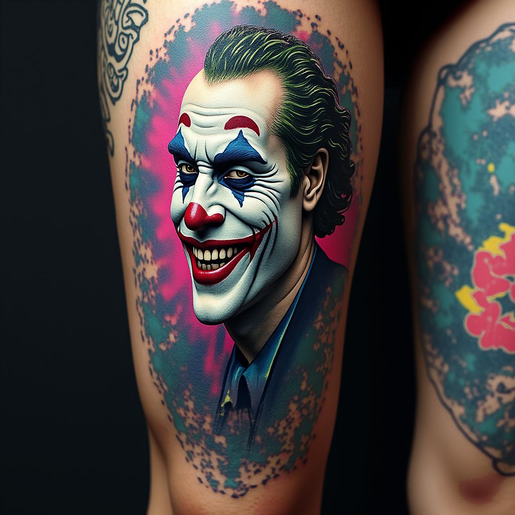 The Joker with a menacing smilein distorted and fragmented tattoo design, featuring a classical statue bust, in a glitch art style with vibrant, overlapping colors of cyan, magenta, and yellow, creating a digital distortion effect - Variation 4