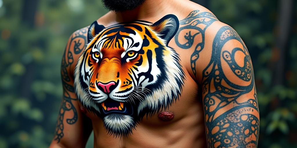 Tiger with intense eyes in a junglein pop art style tattoo, featuring bold and vibrant colors, exaggerated outlines, iconic imagery, inspired by comic books and speech bubbles, comic book characters, retro pop culture - Variation 4