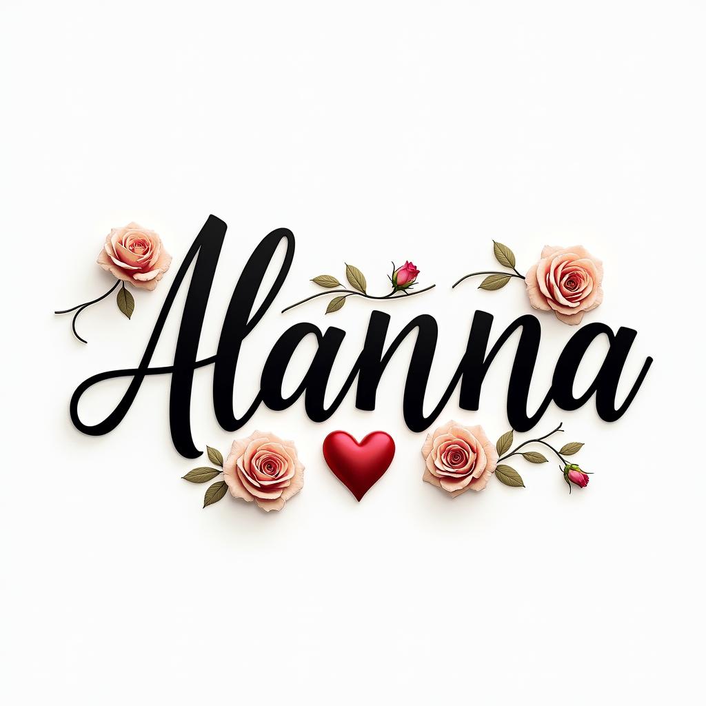 Alannain elegant cursive calligraphy style 2d tattoo, decorate with roses, featuring a smooth and flowing handwritten script with slightly thickened strokes for a luxurious and bold appearance,  heart symbol between names,  sleek and glossy black text with shadowing, minimalist matte white background, clean and sharp edges, illuminated with soft lighting, romantic, 8k, high-quality textures with refined typography