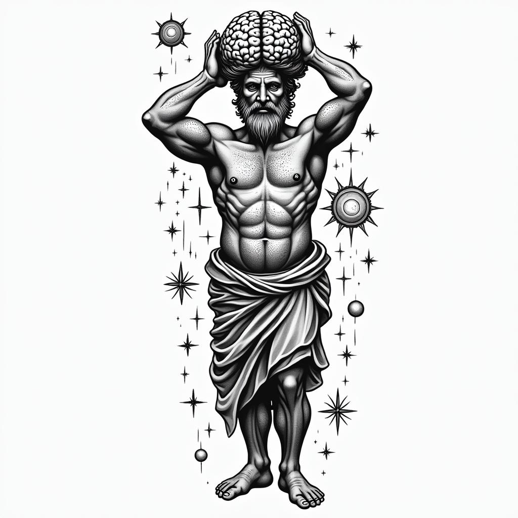 Greek god
Atlas holding brain upin prophecy tattoo style, featuring mystical symbols, celestial imagery like stars, moons, suns, geometric patterns, foretelling elements, an eye of wisdom