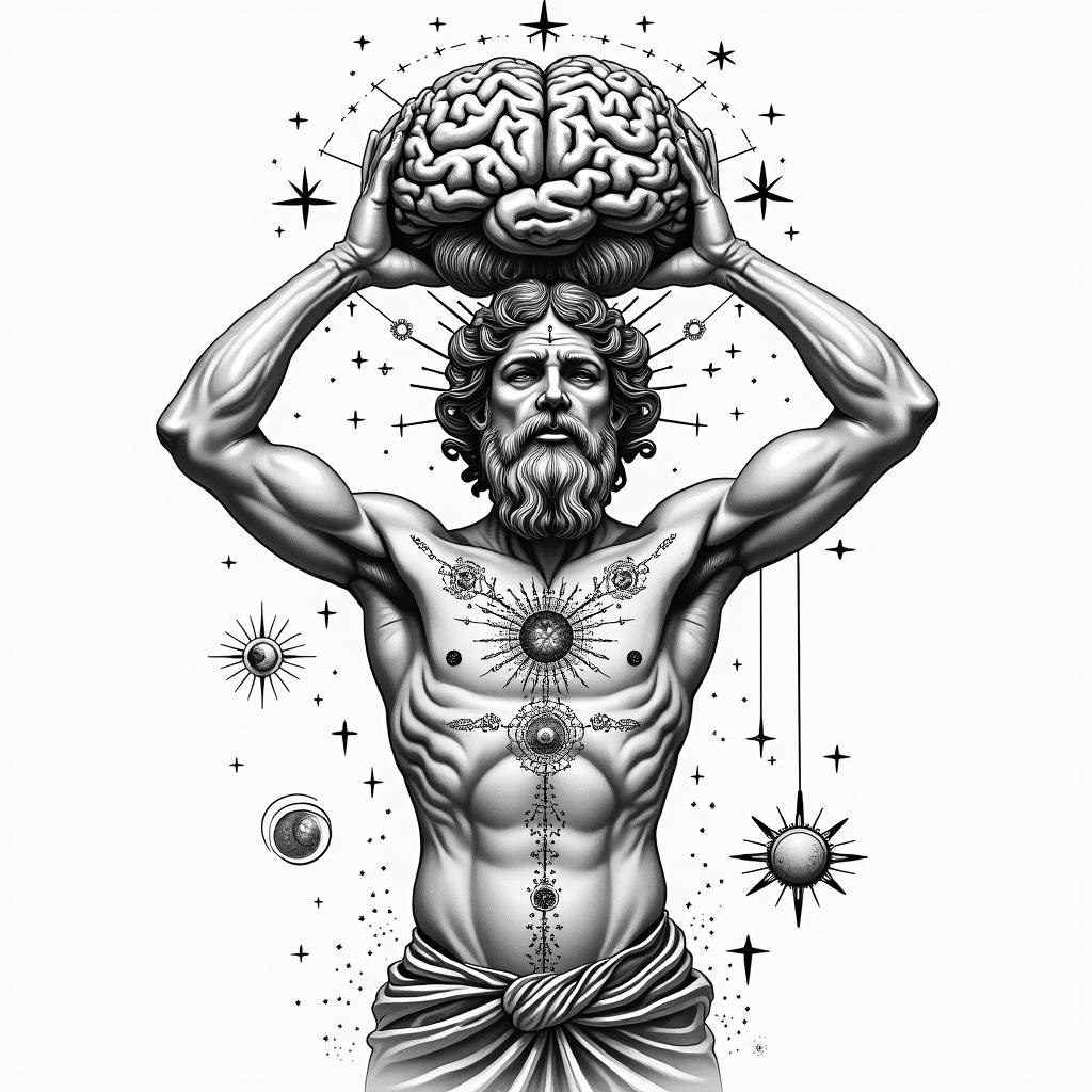 Greek god 
Atlas holding brain upin prophecy tattoo style, featuring mystical symbols, celestial imagery like stars, moons, suns, geometric patterns, foretelling elements, an eye of wisdom - Variation 4