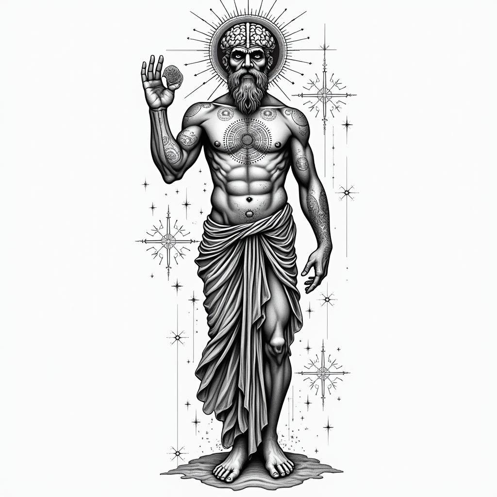 Greek god 
Atlas holding brain upin prophecy tattoo style, featuring mystical symbols, celestial imagery like stars, moons, suns, geometric patterns, foretelling elements, an eye of wisdom - Variation 3