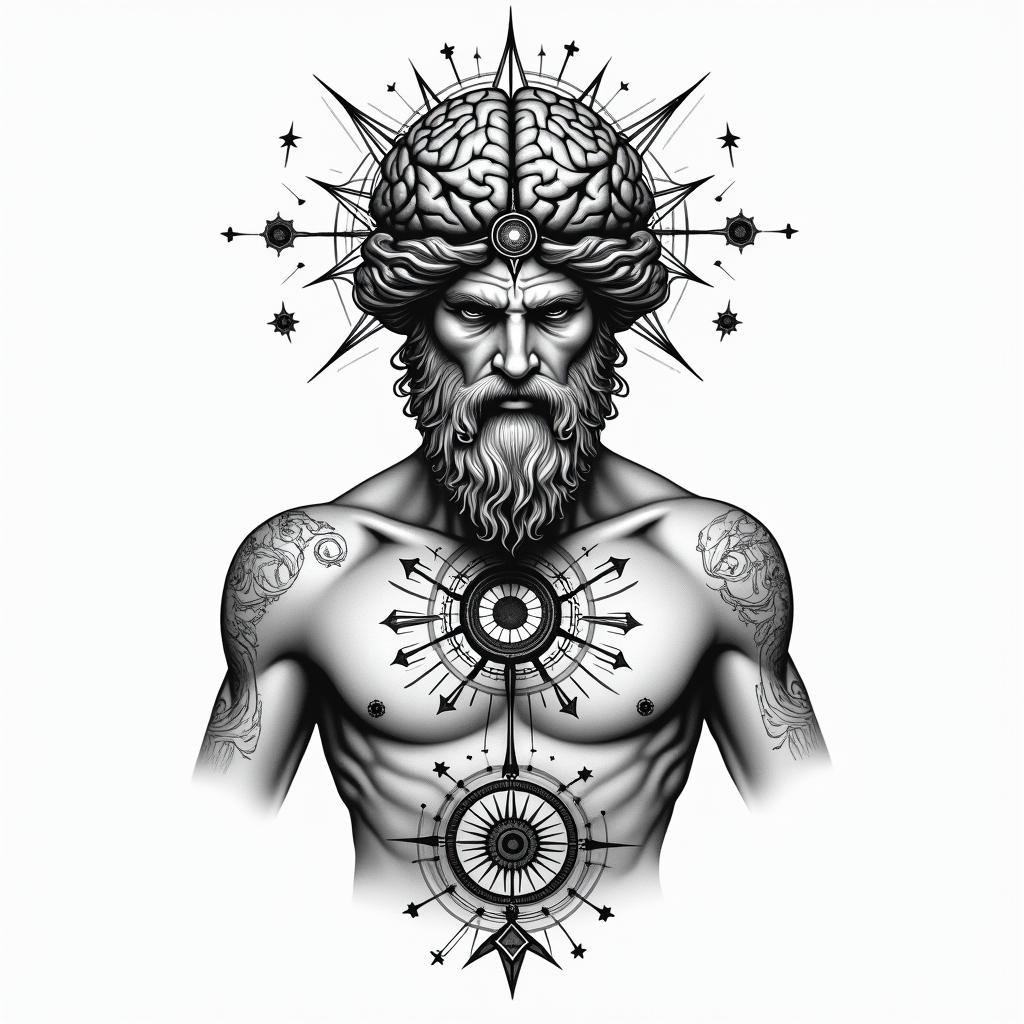 Greek god 
Atlas holding brain upin prophecy tattoo style, featuring mystical symbols, celestial imagery like stars, moons, suns, geometric patterns, foretelling elements, an eye of wisdom - Variation 2