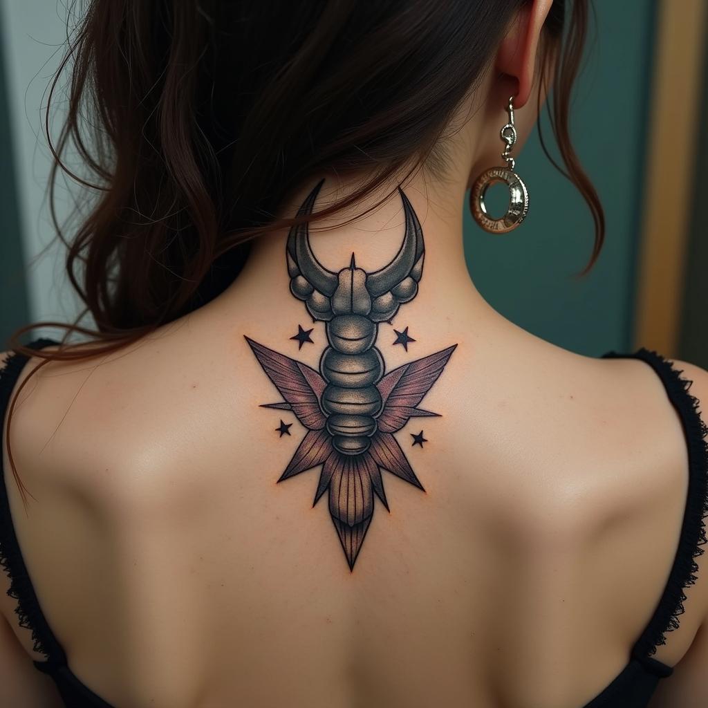 Scorpio wrathful novemberrin paganic style tattoo, featuring ancient symbols, add vegvisir symbol, mystical figures, incorporating designs, pentagrams, runes, crescent moons,