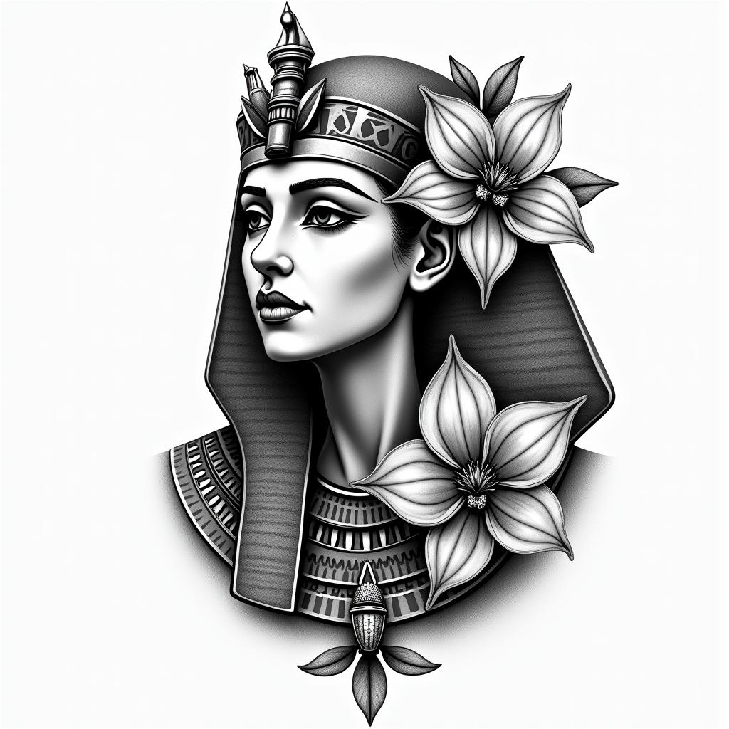 Tatuaggio che possa ricordare mia nonna a cui piacevano le orchideein egyptian style tattoo, bold elements of ancient egyptian culture including a portrait of an Egyptian pharaoh with detailed facial features, in hieroglyphs and symbolic imagery, eye of horus, ankh symbol, scarab beetle