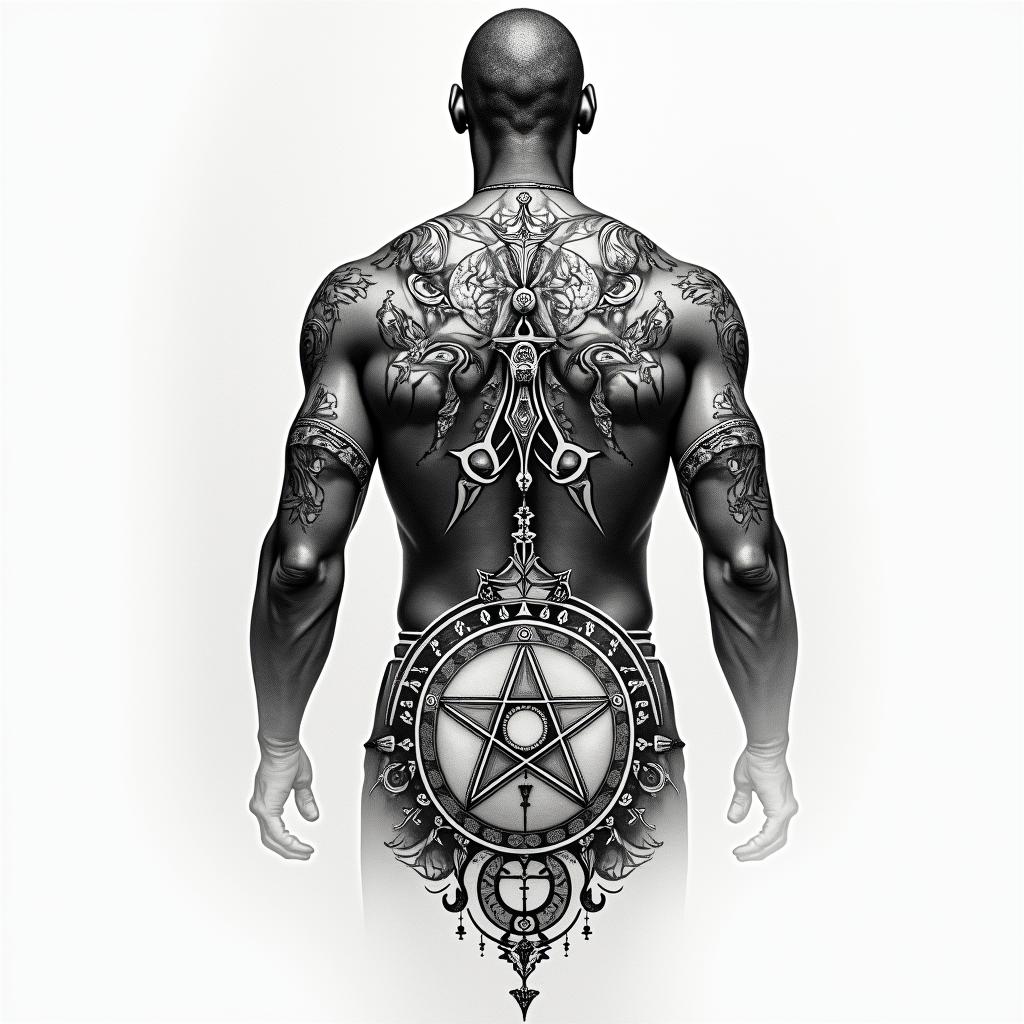 Kobe Bryantin paganic style tattoo, featuring ancient symbols, add vegvisir symbol, mystical figures, incorporating designs, pentagrams, runes, crescent moons,