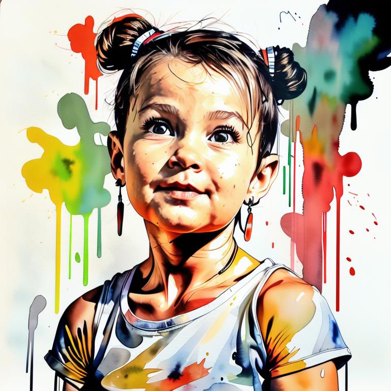  vibrant watercolor portrait with graffiti style face, fully white background, ,face with soft blending of warm and cool tones (orange, yellow, green),using shades of colors, contrast between light and shadow on the face, Bold color splashes and abstract drips in the background for a dynamic, artistic vibe, highly detailed tattoo, fully white background , dskinkpunkundefined - Variation 4