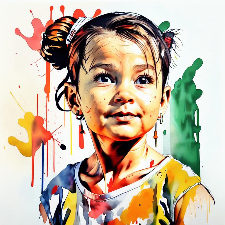  vibrant watercolor portrait with graffiti style face, fully white background, ,face with soft blending of warm and cool tones (orange, yellow, green),using shades of colors, contrast between light and shadow on the face, Bold color splashes and abstract drips in the background for a dynamic, artistic vibe, highly detailed tattoo, fully white background , dskinkpunkundefined - Variation 2