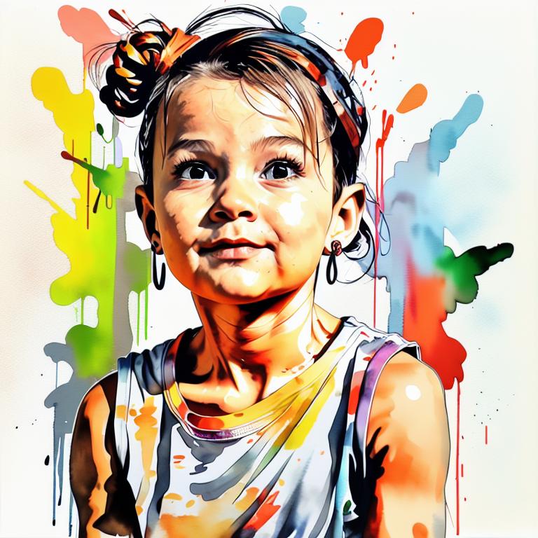  vibrant watercolor portrait with graffiti style face, fully white background, ,face with soft blending of warm and cool tones (orange, yellow, green),using shades of colors, contrast between light and shadow on the face, Bold color splashes and abstract drips in the background for a dynamic, artistic vibe, highly detailed tattoo, fully white background , dskinkpunkundefined - Variation 3