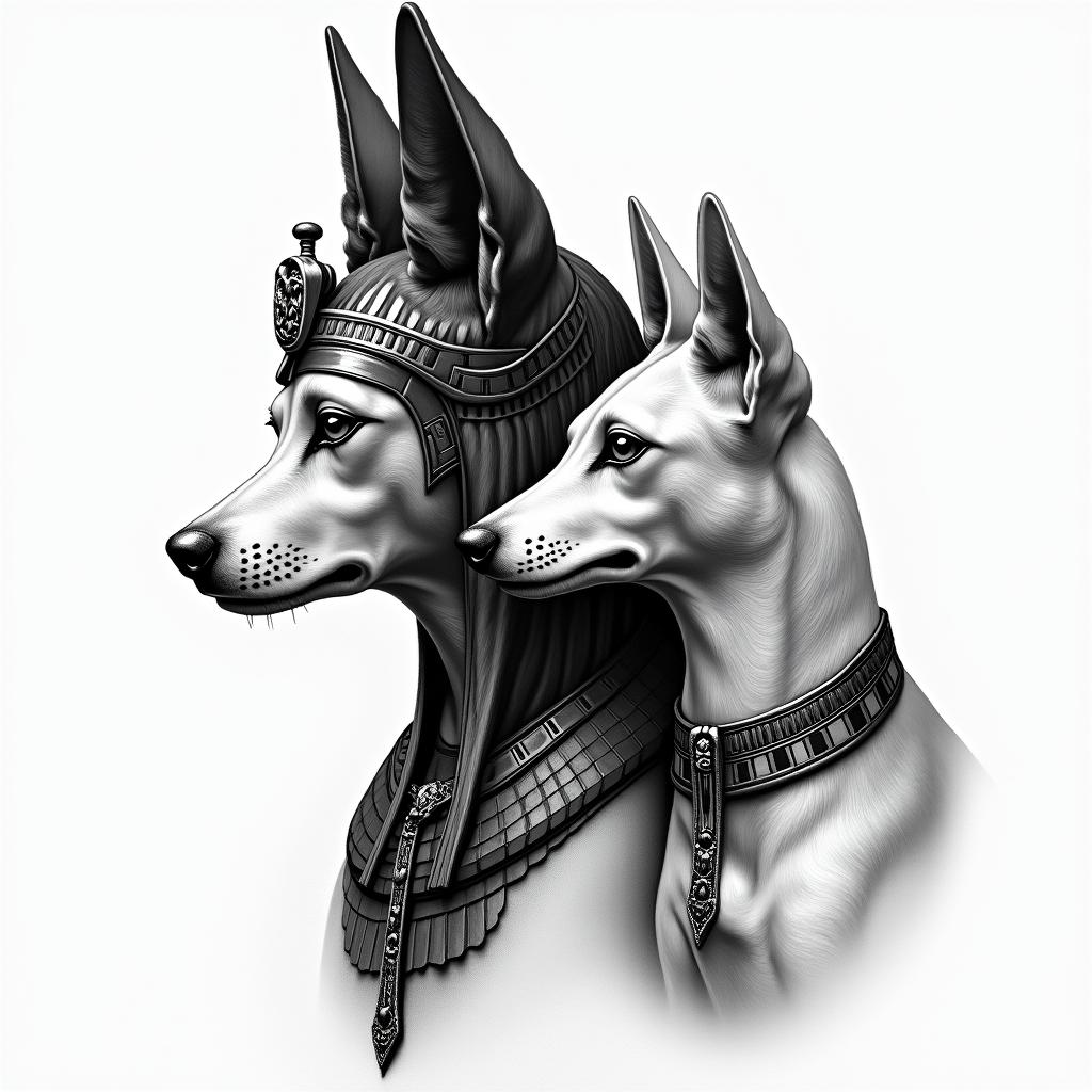 Egyptian goddess bastet and egyptian doghigly detailed tattoo - Variation 1