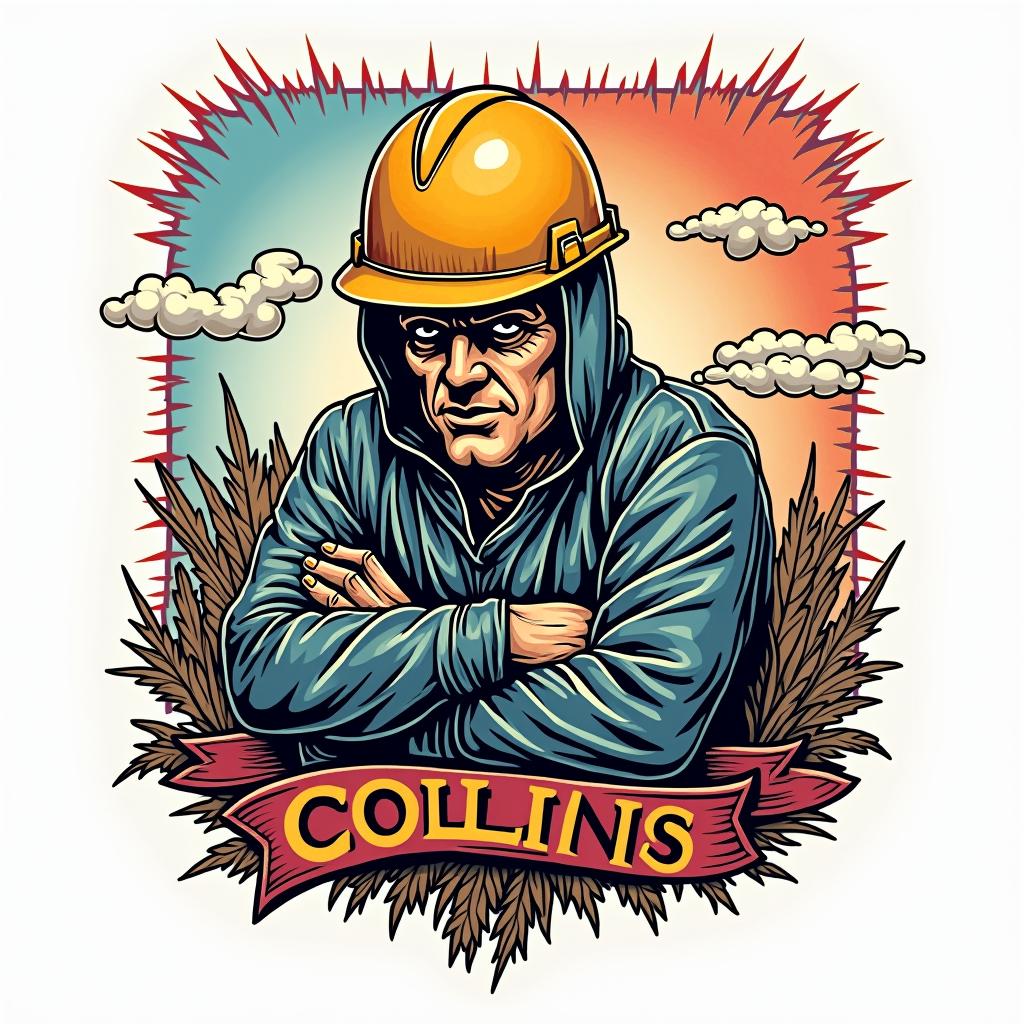Collins construction companyin pop art style tattoo, featuring bold and vibrant colors, exaggerated outlines, iconic imagery, inspired by comic books and speech bubbles, comic book characters, retro pop culture - Variation 4